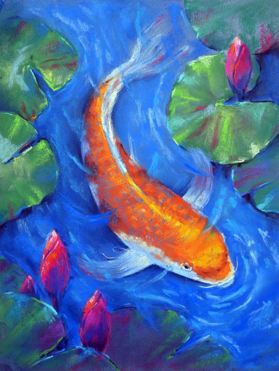 Gold Koi Fish and Water Lilies Original Pastel Drawing by Olga Tretyak