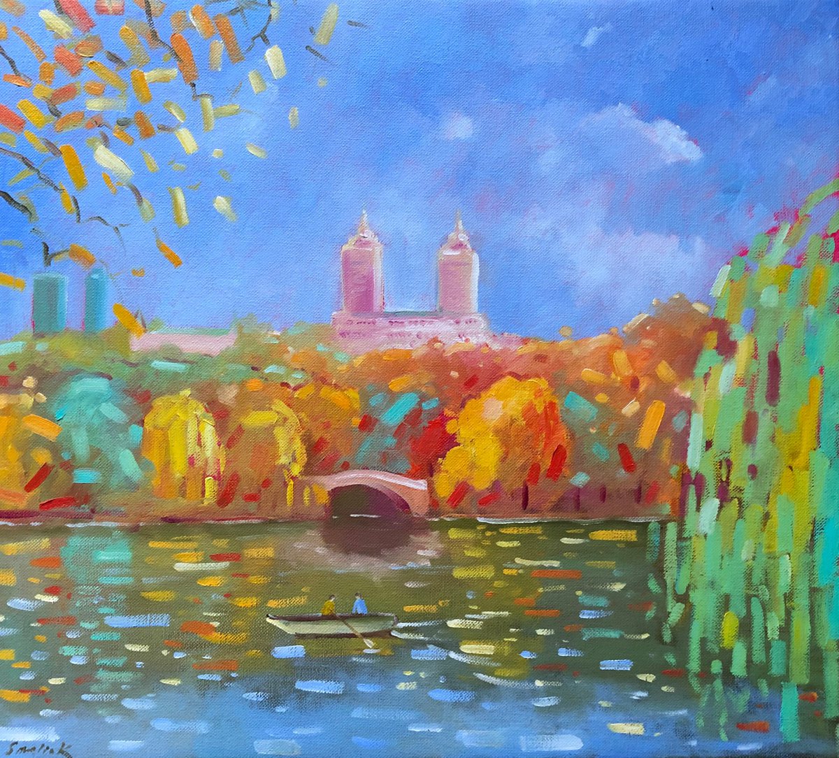 Impressionistic Landscape Oil Painting By Volodymyr Smoliak, 18 X 16", Autumn In Central Park, Original Artwork