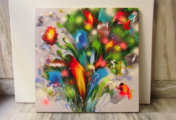 ”Summer Bouquet” Original Abstract Painting 27.5” x  27.5”-- (70 x 70 cm)