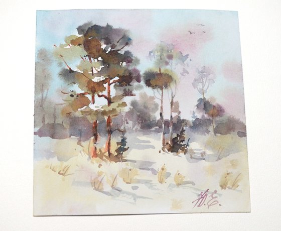Snowy landscape / Winter forest in watercolor