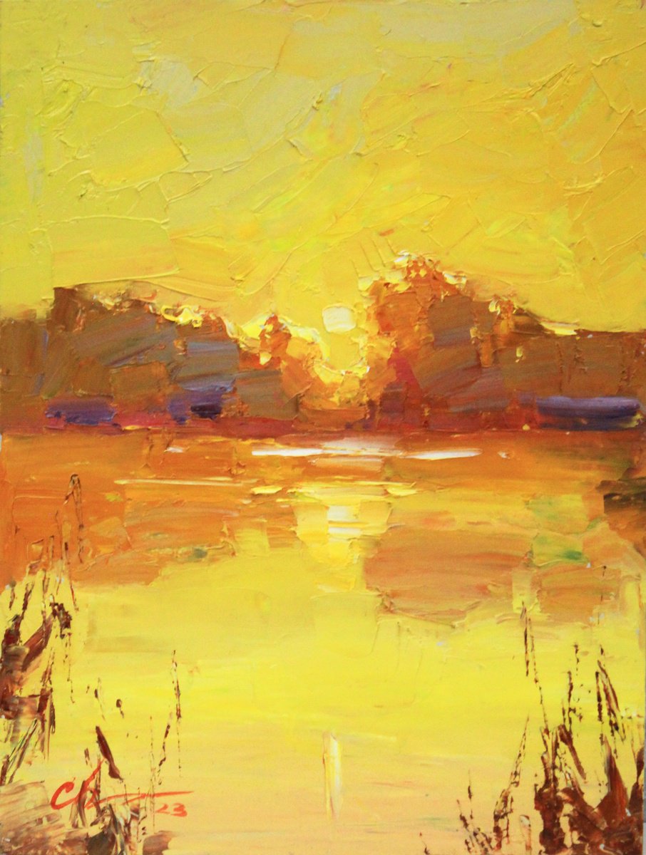 Sunset Over The Lake By Serhii Cherniakovskyi, 12 X 16, Artwork For Sale On Artfinder