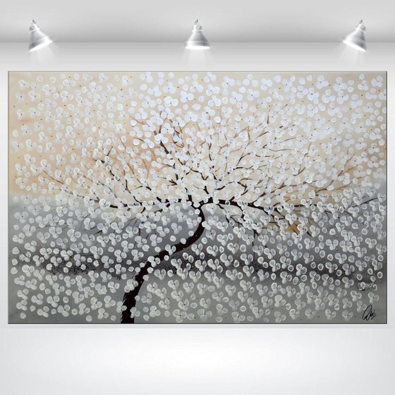 Flying White II  acrylic abstract painting cherry blossoms nature painting , stretched canvas wall art