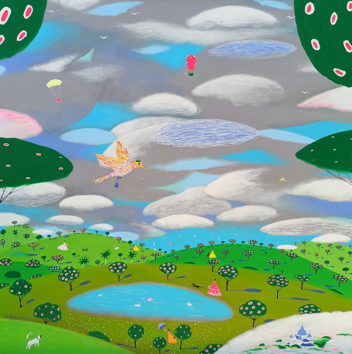 Impressionistic Landscape Acrylic Painting By Katrina Avotina, 35 X 35", The Change Of Seasons, Original Artwork