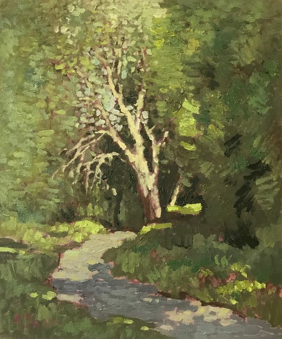 Original Oil Painting Wall Art Artwork Signed Hand Made Jixiang Dong Canvas 25cm × 30cm The lane through Marsh Park small building Impressionism