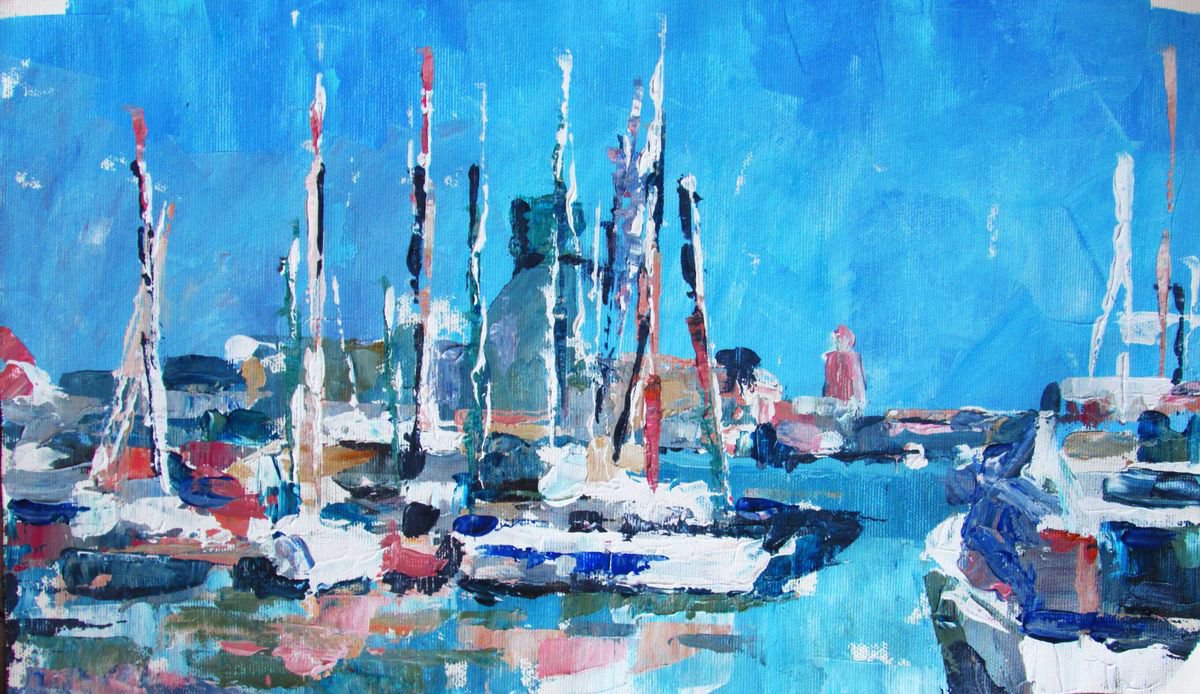 Impressionistic Landscape Acrylic Painting By Kateryna Bortsova, 17 X 10", Original Painting Of Marina, Original Artwork