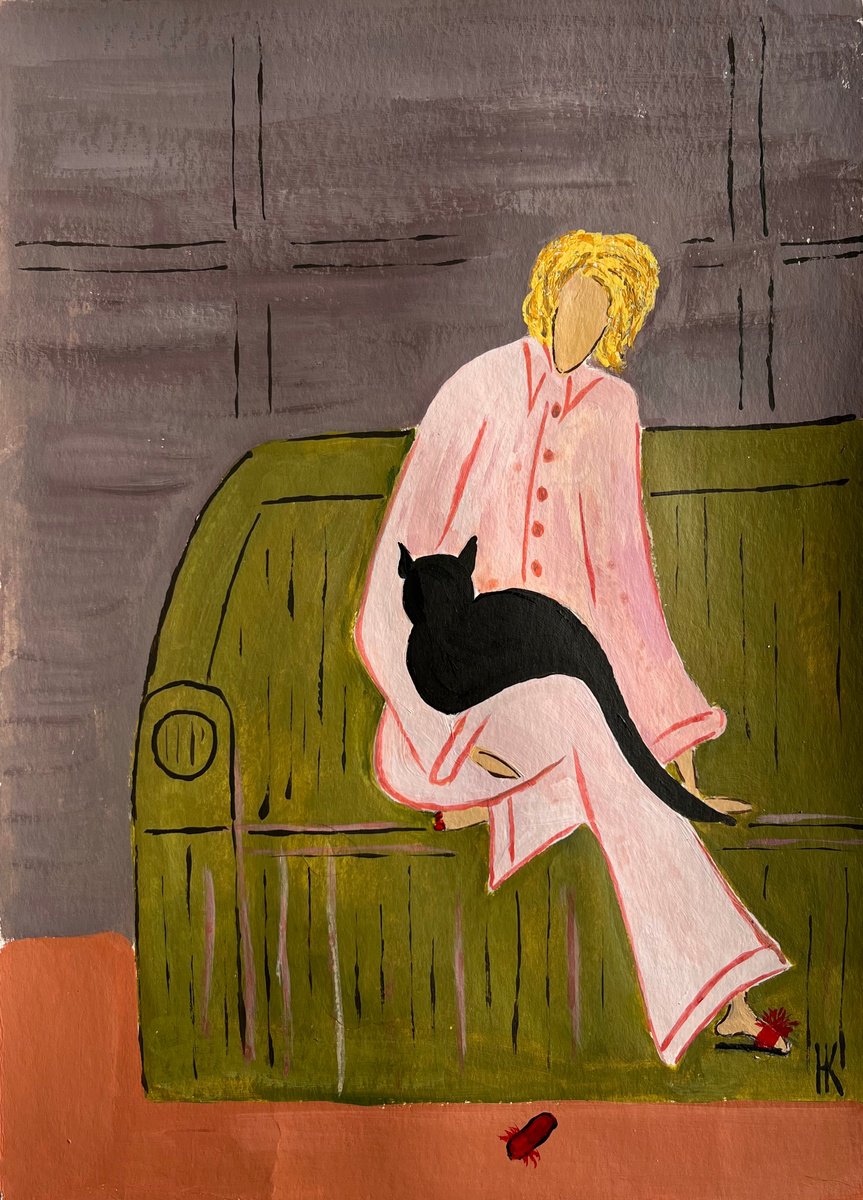 Impressionistic Portrait Acrylic Painting By Halyna Kirichenko, 12 X 17, Woman...cat...cozy Home, Original Artwork