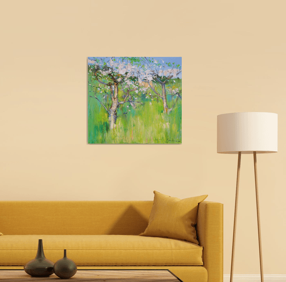 Apple tree blossoms in tall grass . 65x60 cm. Spring impressionistic oil painting .