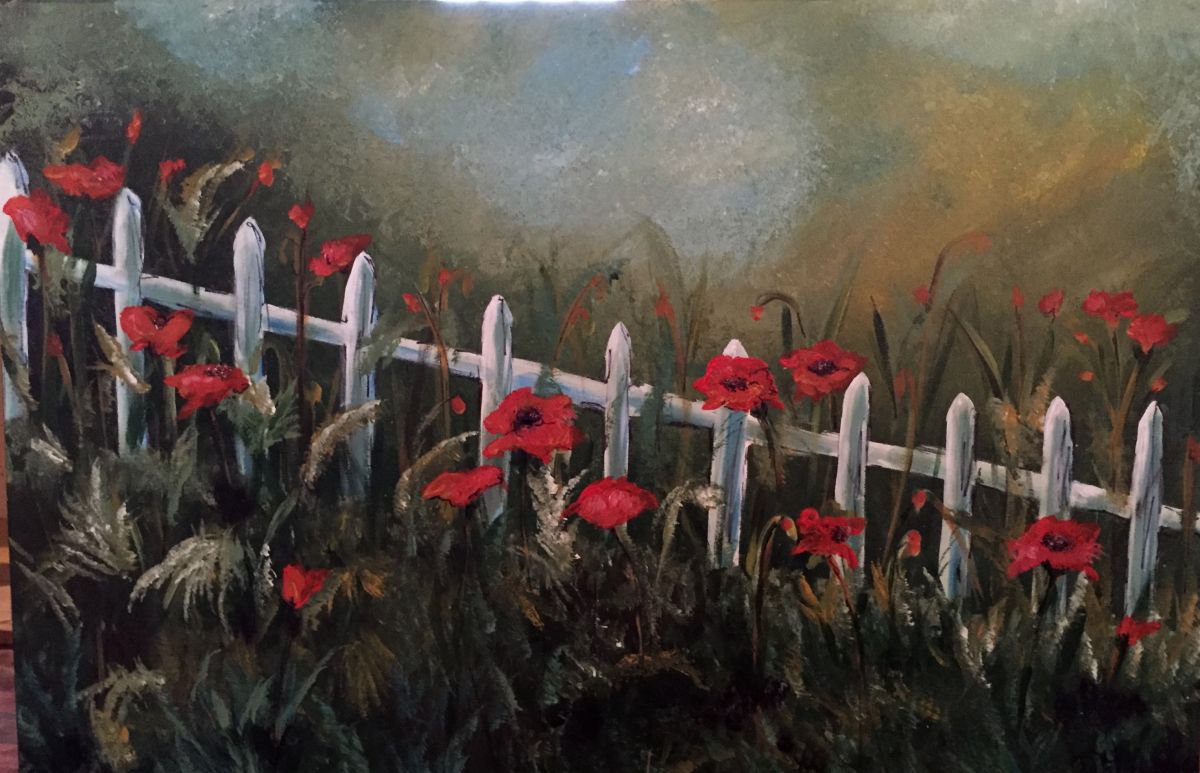 Impressionistic Botanical Acrylic Painting By Carolyn Shoemaker (Soma), 36 X 24, Old Picket Fence, Original Artwork