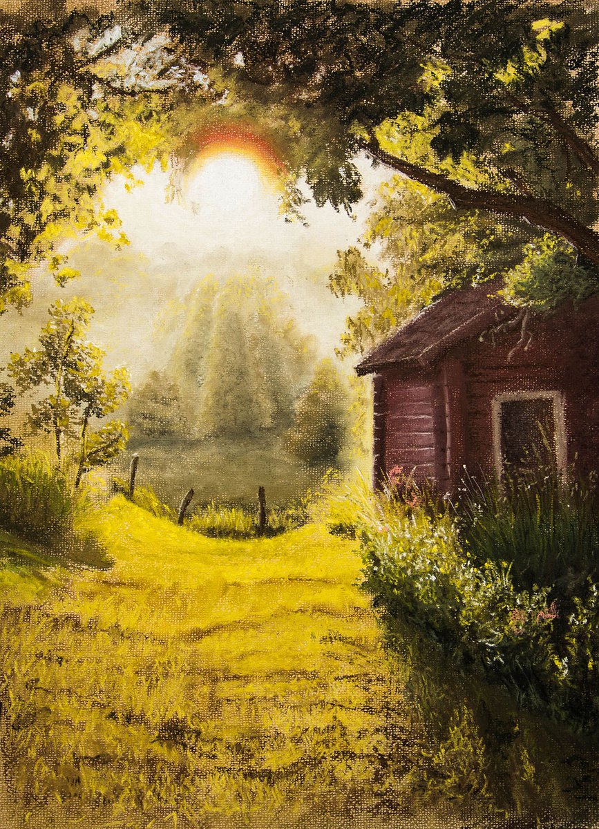 Photorealistic Landscape Pastel Drawing By Inna Medvedeva, 13 X 18, Sunny Landscape, Original Artwork