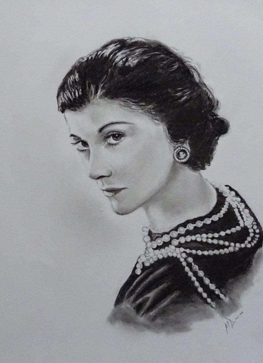 Photorealistic Portrait Charcoal Drawing By Mel Davies Original Art, 12 X 17", Coco Chanel, Original Artwork