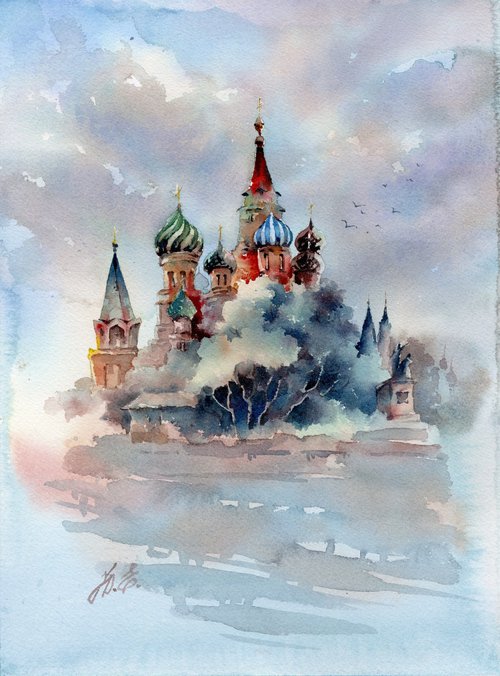 Moscow, St. Basil's Cathedral, Russia in watercolor by Yulia Evsyukova