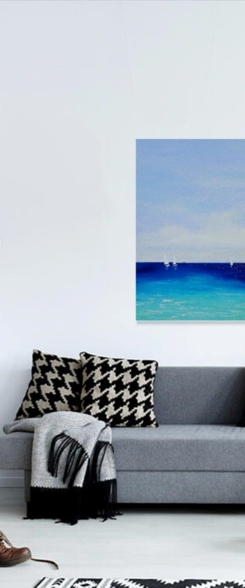Abstract Seascape Painting. Sailboats, Beach, Ocean, Sea Waves, Sailing Yachts by Sveta Osborne