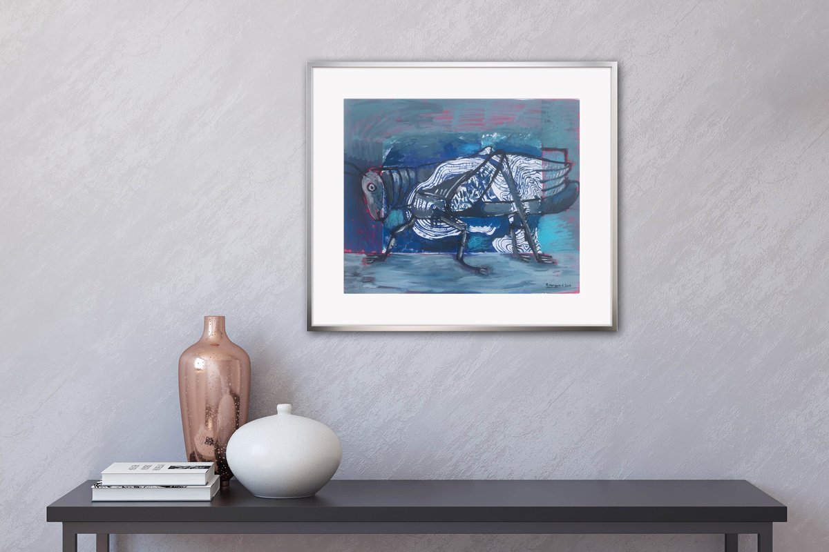 Geometric Animal Painting By Roberto Munguia Garcia, 17 X 14", The Blue Grasshopper, Original Artwork