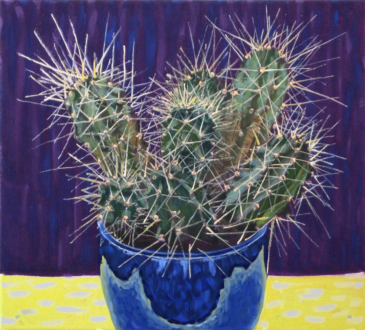 Botanical Oil Painting By Richard Gibson, 18 X 16", Cactus In Blue Pot, Original Artwork