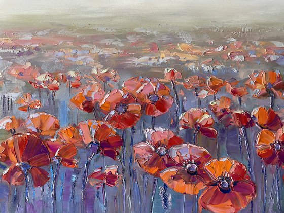 "Field of red poppies". Scenery. Flowers. Original oil painting