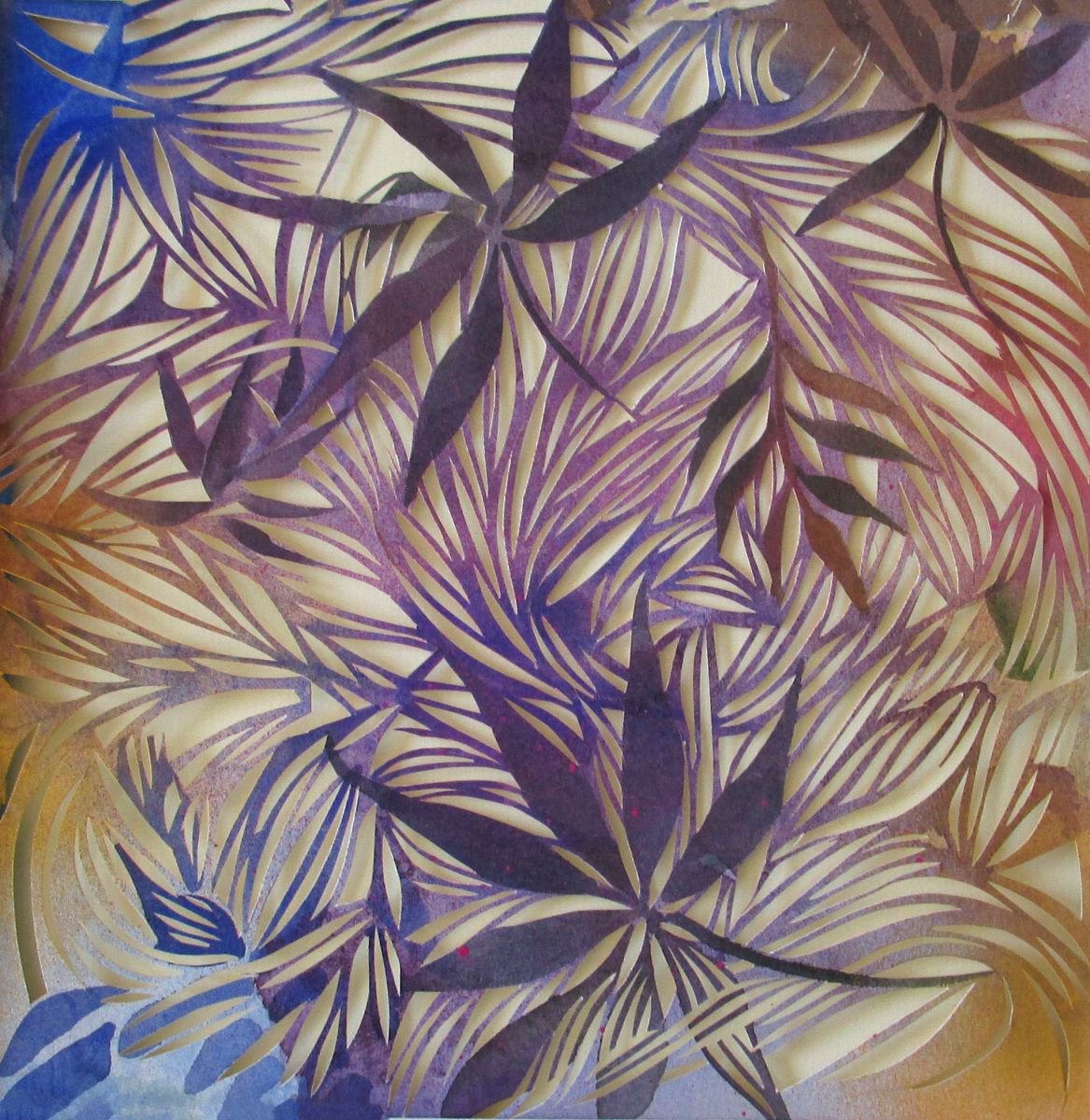 Botanical Watercolour By Alfred Ng, 11 X 11, Colorful Leaves Watercolor With Paper Cut, Original Artwork