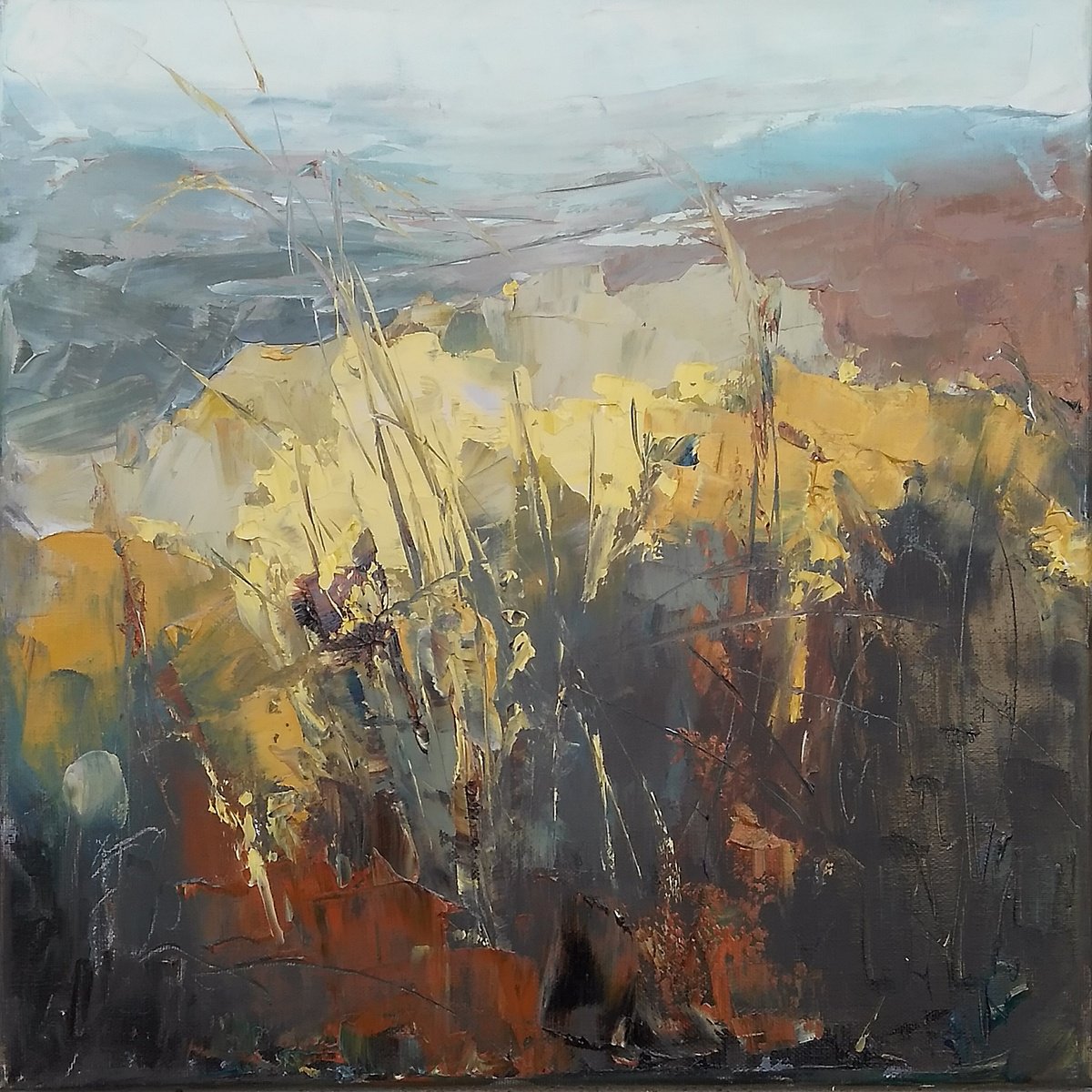 Expressive Landscape Oil Painting By Emilia Milcheva, 16 X 16, Emotional Field, Original Artwork