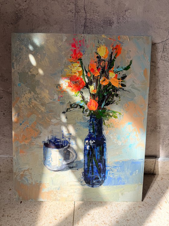 Blue Vessel and Morning Flowers