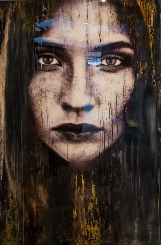 "Cisca" (160x106x5cm) XL portrait artwork on wood (abstract, portrait, original, epoxy, gold, painting)