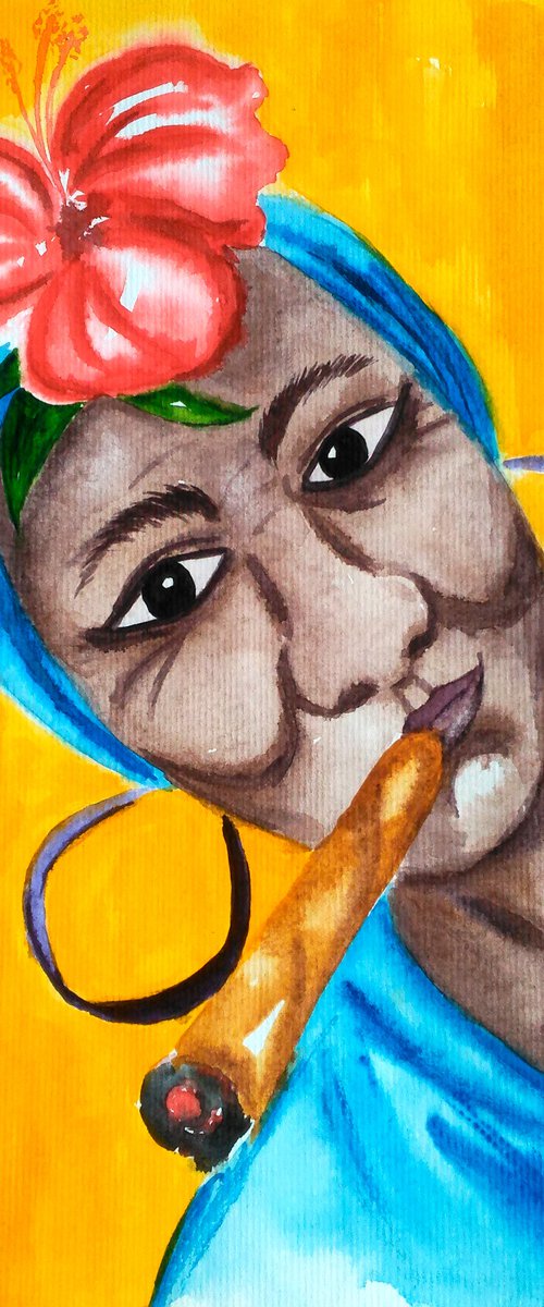 Cuba Painting Woman Portrait Original Art Smoking Cuban Lady Watercolor Small Artwork Home Wall Art 8 by 11" by Halyna Kirichenko by Halyna Kirichenko