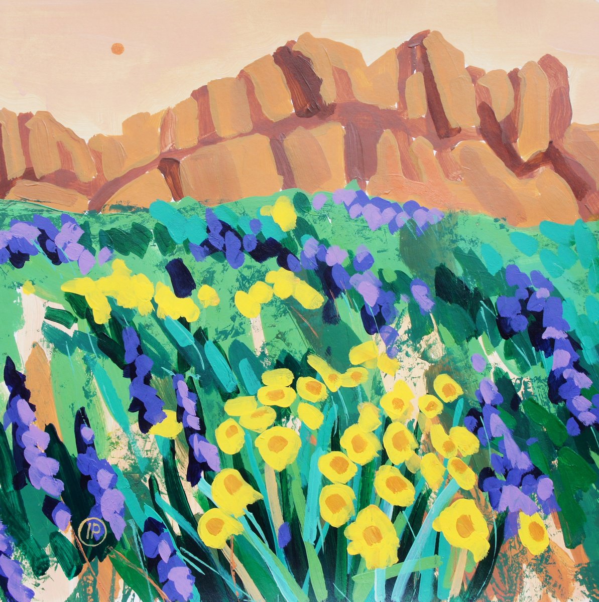 Impressionistic Landscape Acrylic Painting By Irina Plaksina, 10 X 10, Texas Wildflowers, Original Artwork