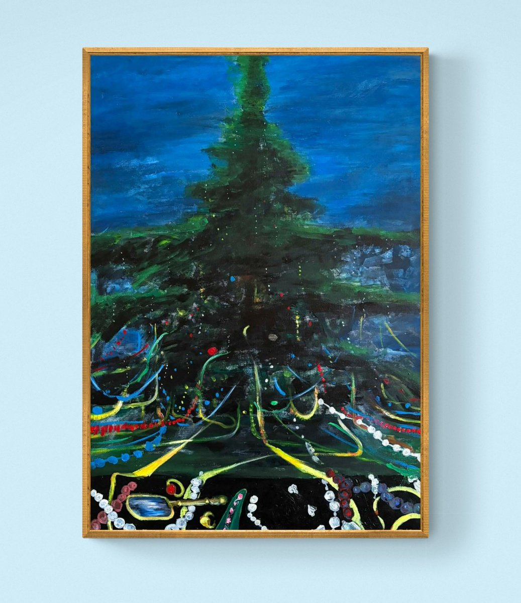 Abstract Landscape Oil Painting By Gela Mikava, 24 X 33, Chrismas Tree, Original Artwork