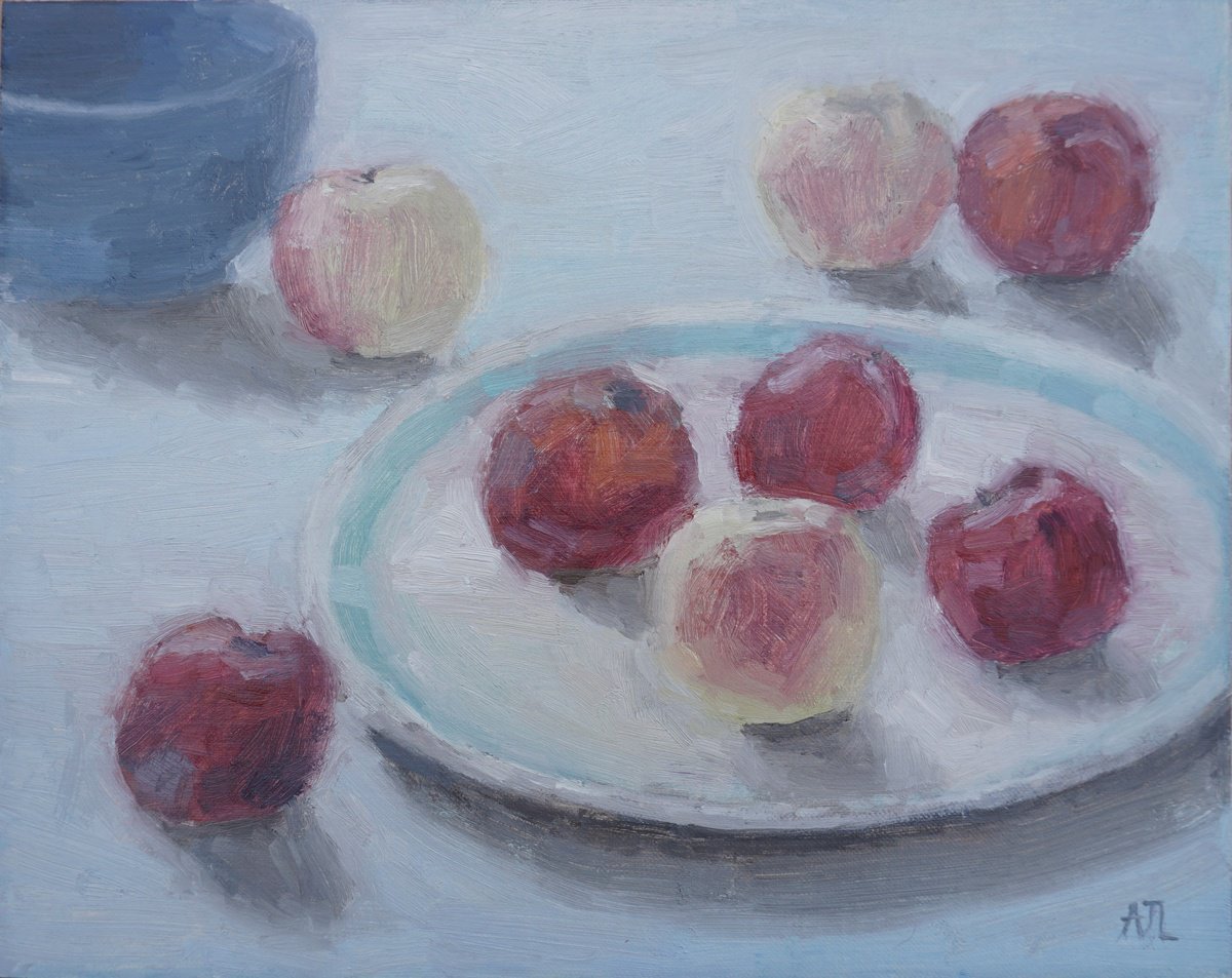 Impressionistic Still Life Oil Painting By Alex James Long, 12 X 9, Plums And Nectarines, Original Artwork