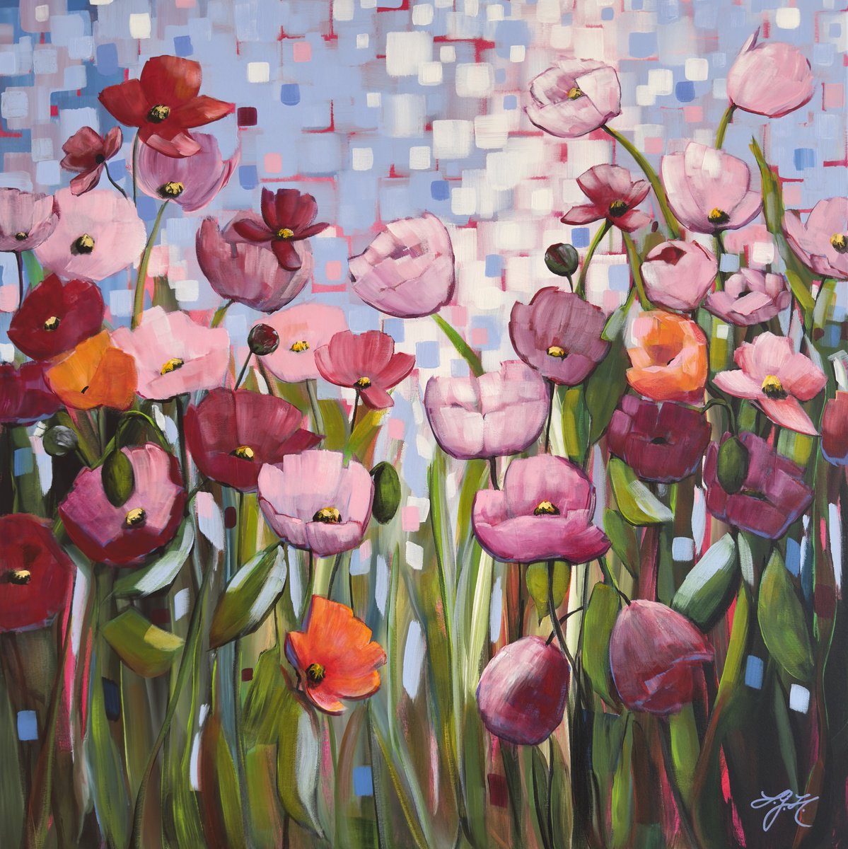 Impressionistic Botanical Acrylic Painting By Sandra Gebhardt-Hoepfner, 31 X 31", My Poppies 4, Original Artwork
