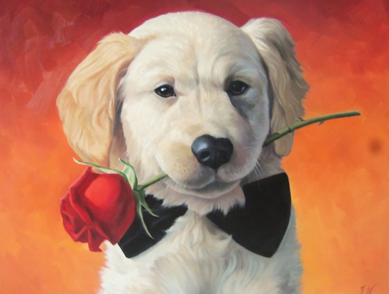 Doggy with red rose (40x50cm, oil painting, ready to hang)
