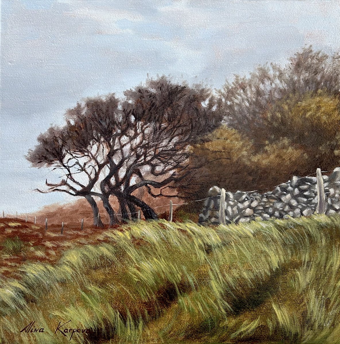 Photorealistic Landscape Oil Painting By Alina Karpova, 12 X 12, Dry Stone Wall, Original Artwork