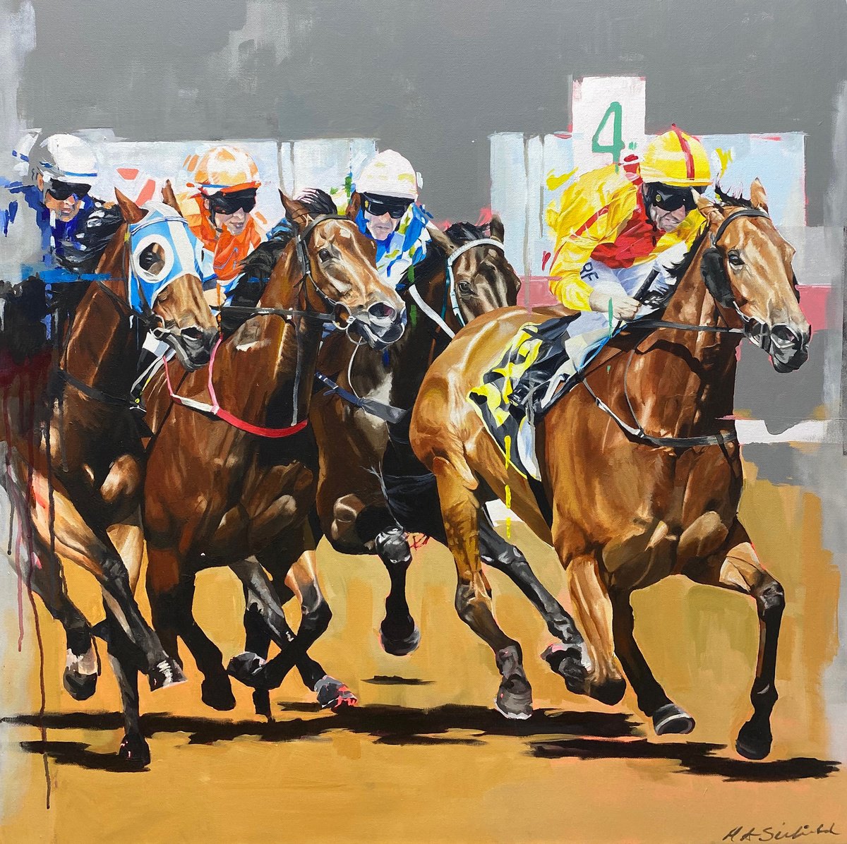 Horse Racing 4Th Furlong By Helen Sinfield, 33 X 33, Artwork For Sale On Artfinder