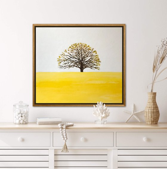 Lonely tree in yellow field, minimalist oil painting, tree of life