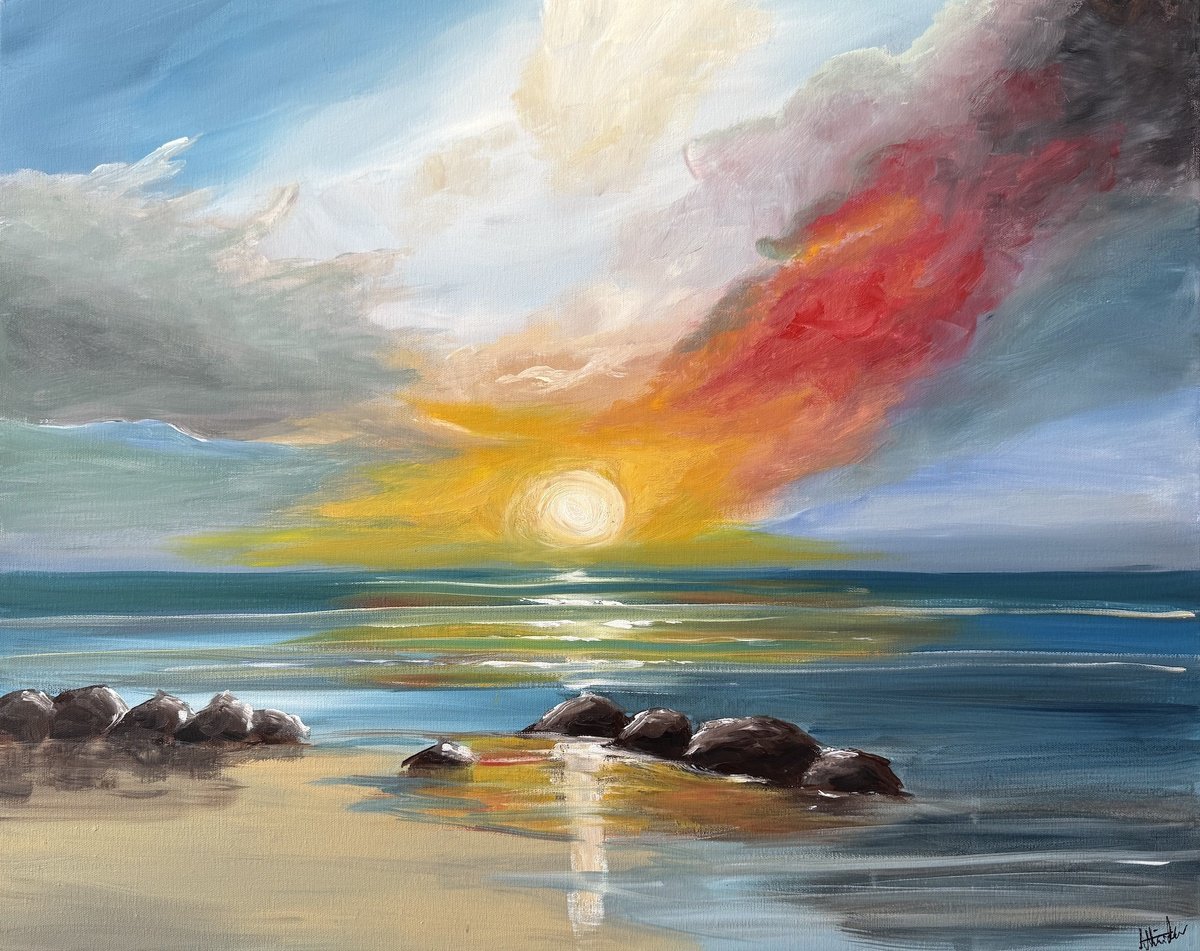 Impressionistic Landscape Acrylic Painting By Aisha Haider, 30 X 24, Dramatic Sunset View, Original Artwork