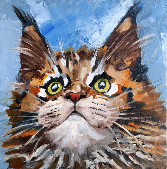 Cat Oil Painting Maine Coon Original Art Meme Pet Artwork Tabby Cat Portrait