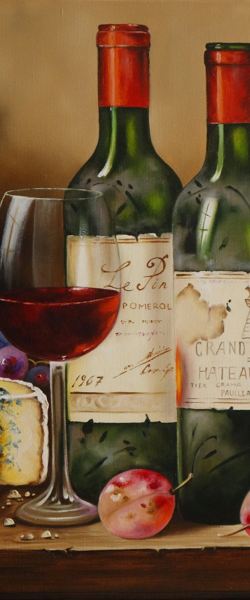 Wine Bottles with Cheese by Natalia Shaykina