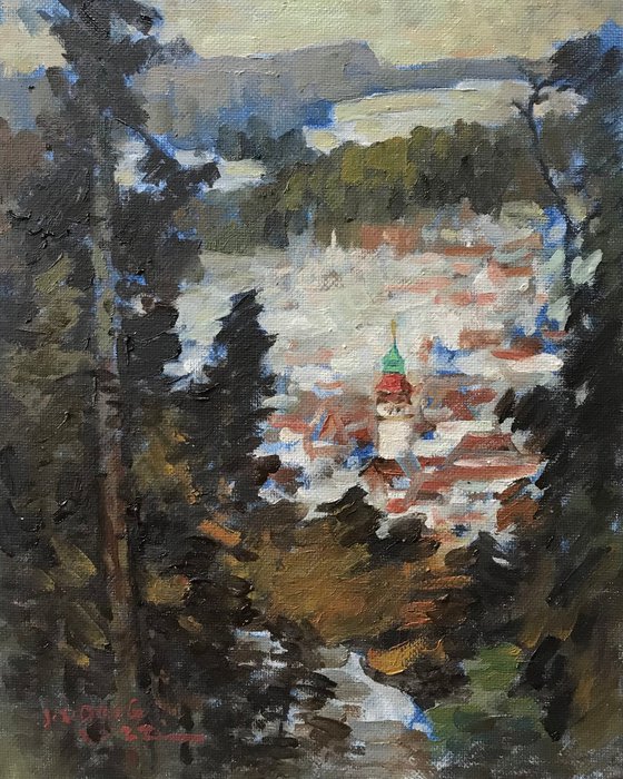 Original Oil Painting Wall Art Signed unframed Hand Made Jixiang Dong Canvas 25cm × 20cm Landscape Black Forest In Winter Germany Small Impressionism Impasto