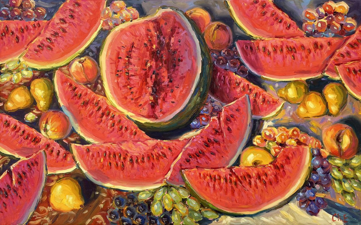 Impressionistic Still Life Oil Painting By Evgeny Chernyakovsky, 31 X 20, Watermelon, Original Artwork
