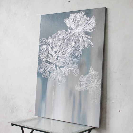 "Silver Thinness 2" Floral blue silver art