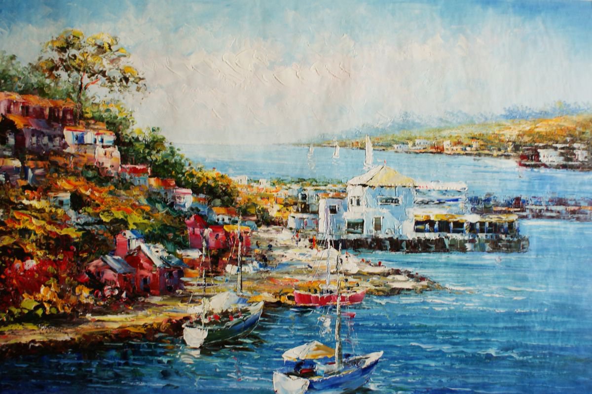 Boats in the bay of Canvas / oil. Size 60x90 cm. by Thomas Wu