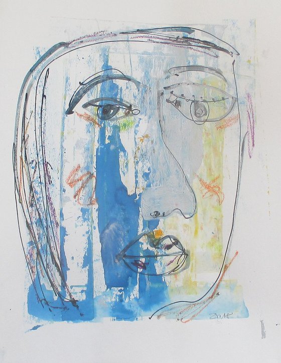 blue expressiv girl - drawing  acryl on paper 25 x 20 inch