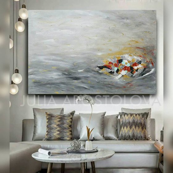 XXL Wall Art, Minimalist Painting, Original Abstract Art, Gray Silver Gold, Contemporary Art, Ready to Hang, Huge Painting, Large Modern Wall Art Decor - ''A Winter Reverie''