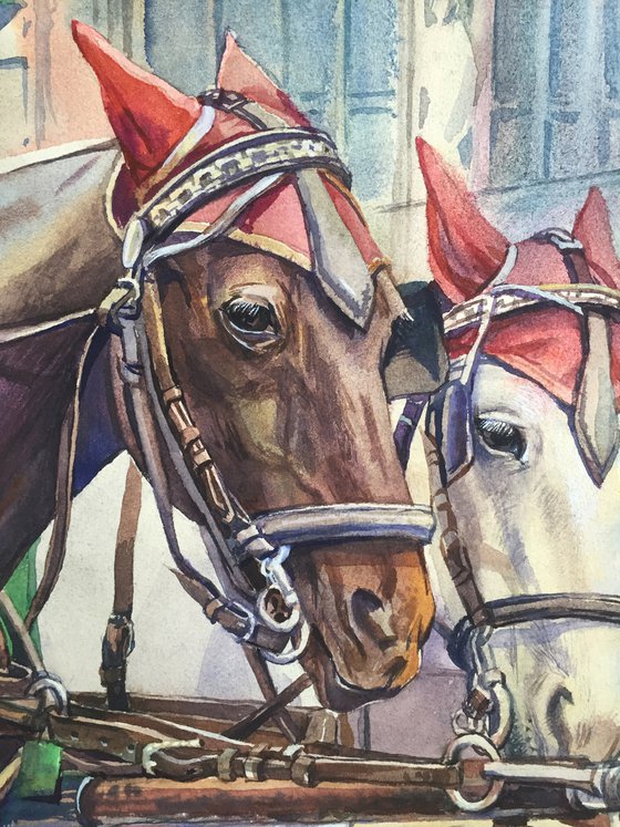 Vienna Horse cart. Old city paintings. Original watercolor painting - Gift for her - Gift for him - Ideas for gift