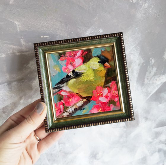 Original bird painting 4x4 in oil, Painting yellow bird on blossom branch, Bird art painting framed, Small painting of birds for bird lovers