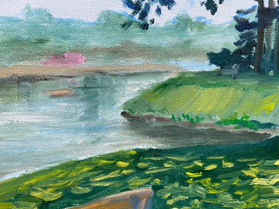 Sunny day at the lake in the park. Pleinair