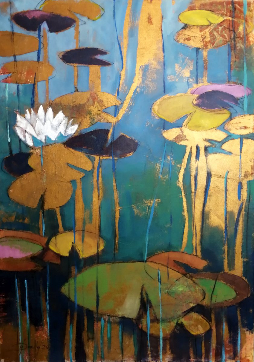 Impressionistic Botanical Acrylic Painting By Olga David, 20 X 28", Water Lilies, Original Artwork