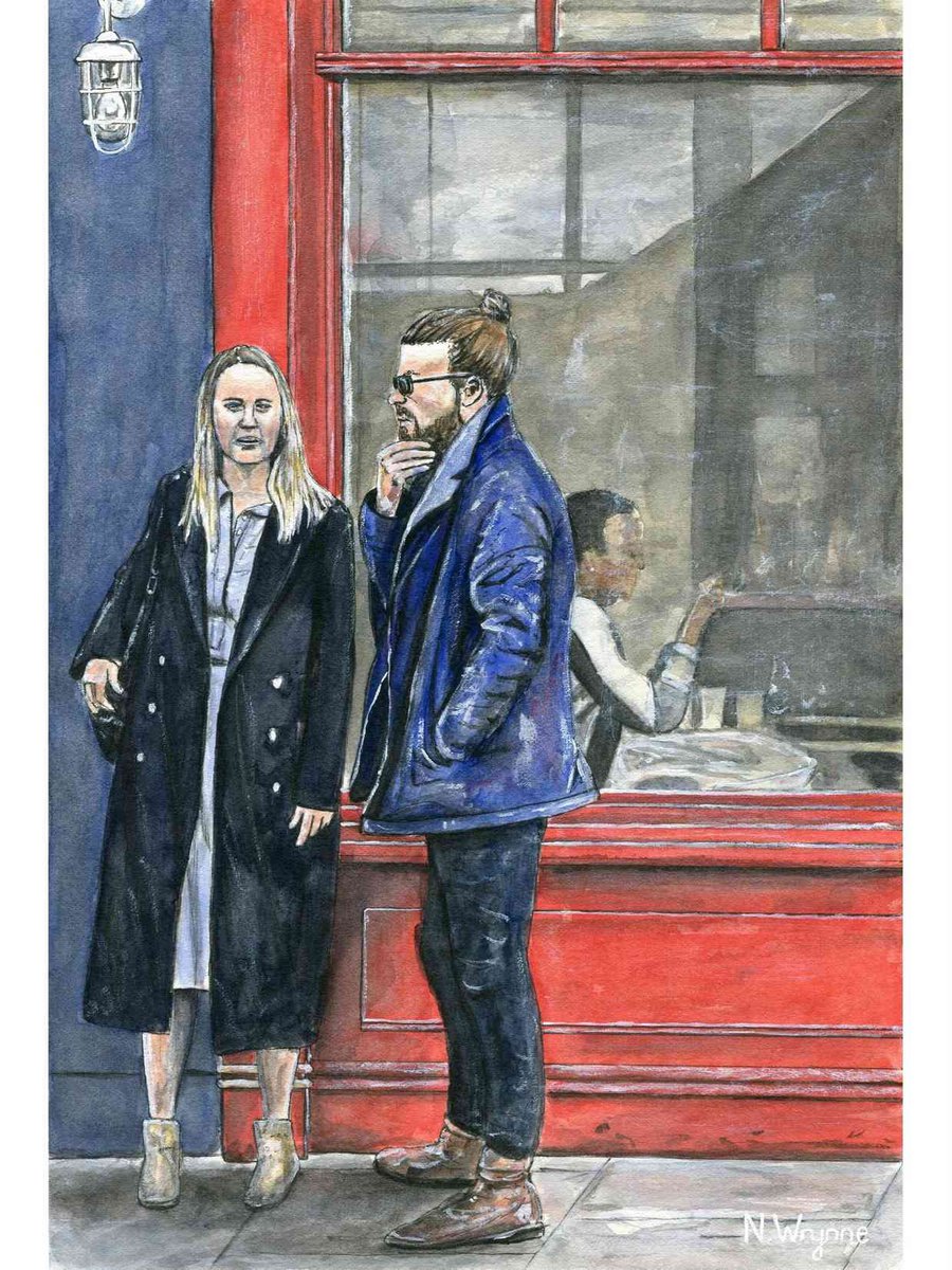 Original Watercolour Cafe scene Painting - The Red Cafe - Couple street City Art by Neil Wrynne