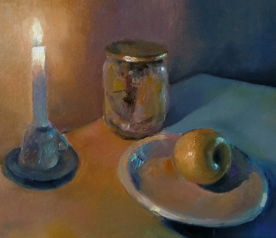 Still life-candle and apple (42x43cm, oil painting, ready to hang)