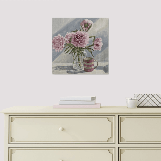 Peonies and cornishware.