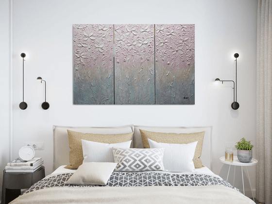 Pink Blossom - Textured Floral Art, Pink Blue Triptych of Flowers