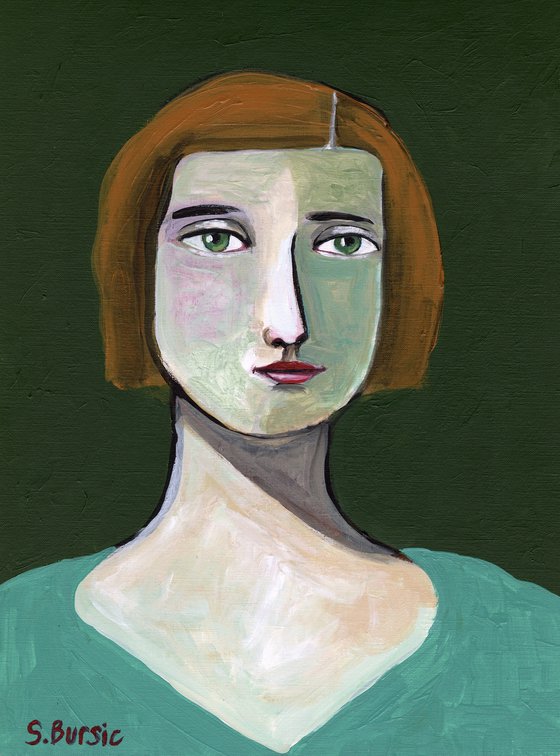 Green Woman Portrait Vintage